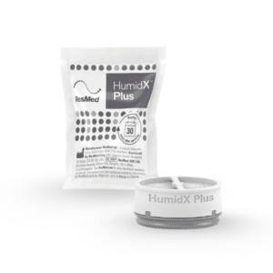 Vista frontal del paquete y del HumidX Plus para airmini de resmed.