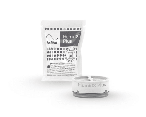 HumidX-plus-airmini-resmed Vista frontal del paquete y del HumidX Plus para airmini de resmed.