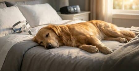 Perro durmiendo encima de la cama de sus dueños, a su lado hay una mascarilla cpap.