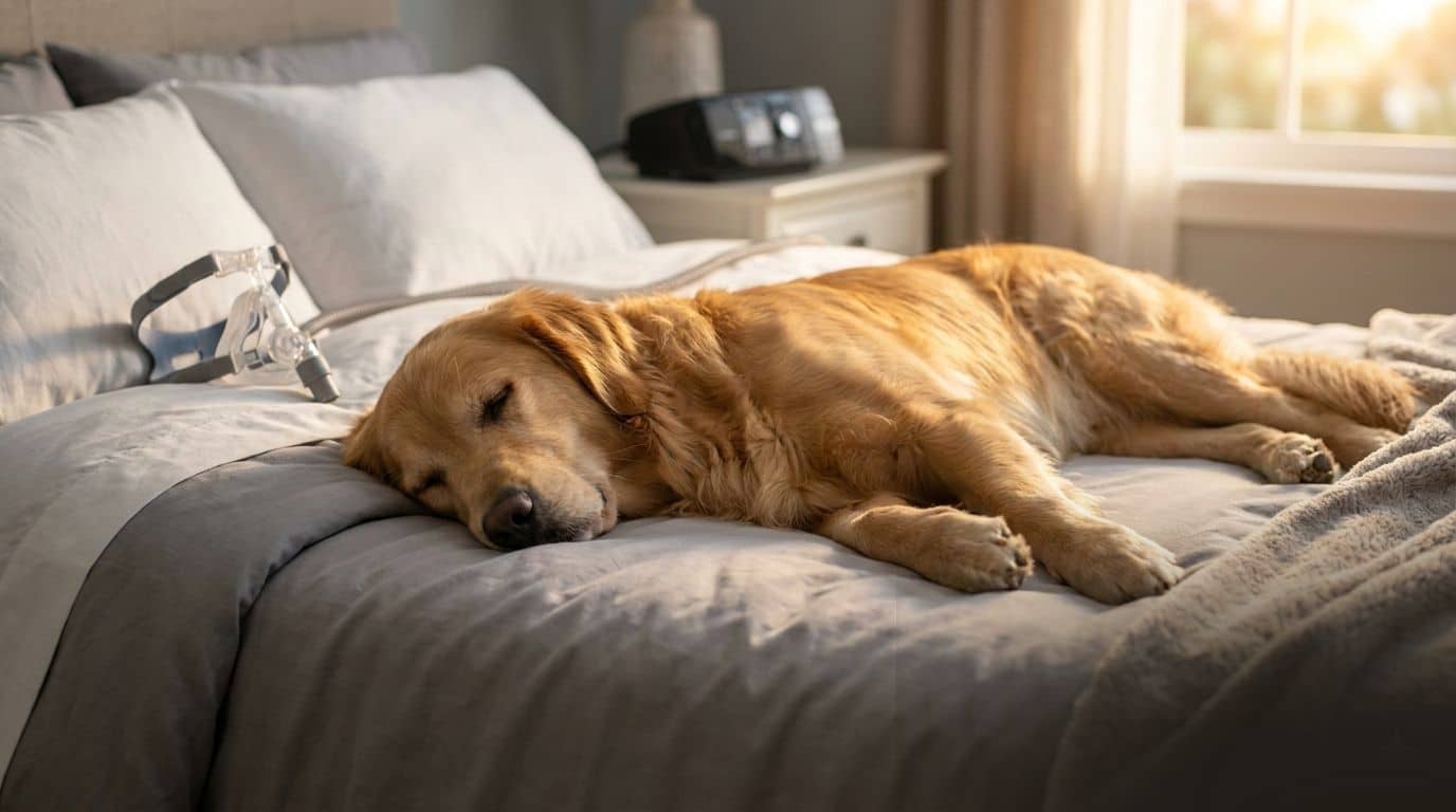 Perro durmiendo encima de la cama de sus dueños, a su lado hay una mascarilla cpap.