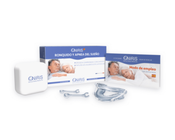 Vista frontal del dispositivo mandibular oniris plus con el pack completo